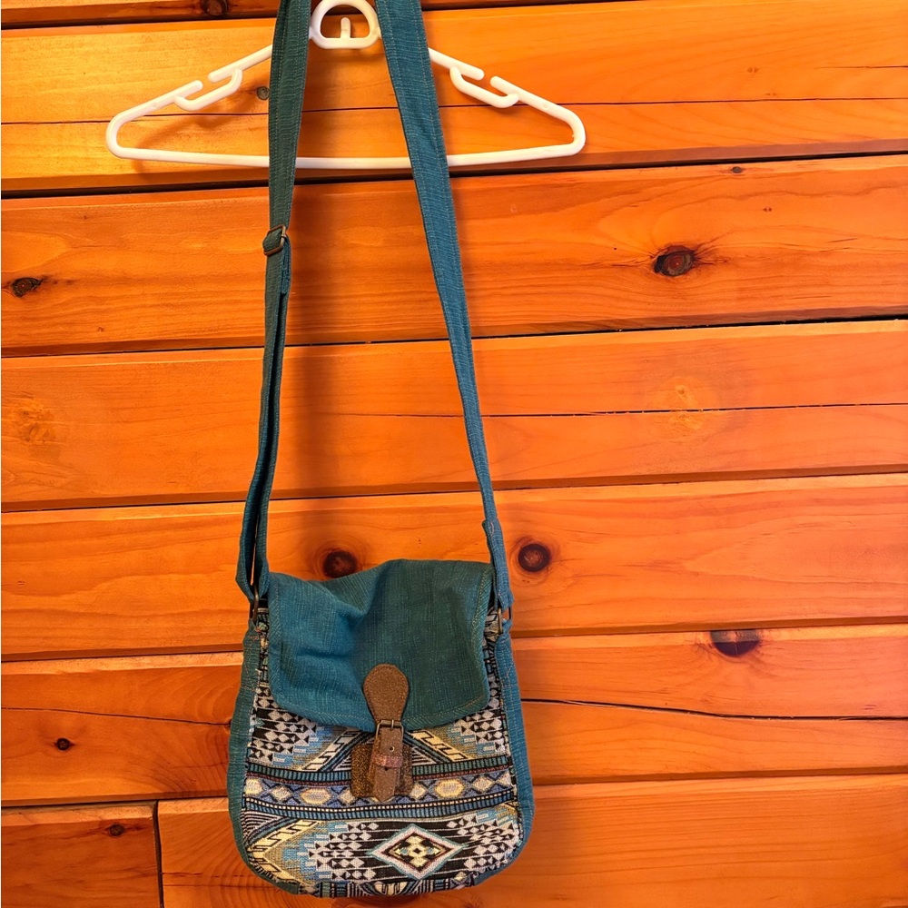 Teal Patterned Crossbody Bag - Unbranded